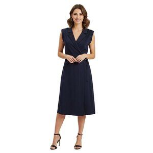 Misook Knit Navy Faux Wrap Dress Buckle Detail Epaulets Missing Button Size M
